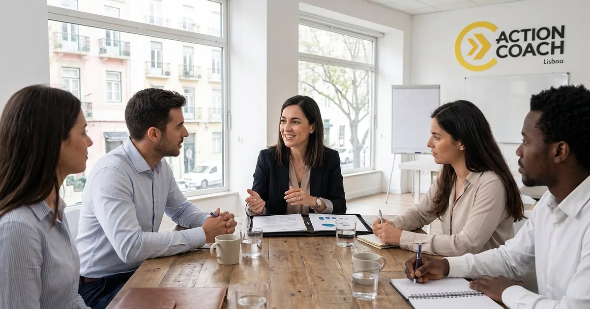 Coach da ActionCOACH Lisboa a liderar sessão estratégica com equipa de empresários em sala de reunião
